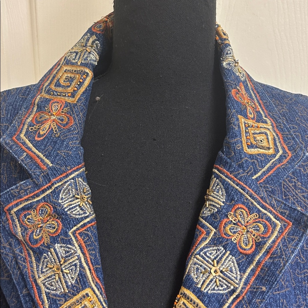 Alex Kim Vintage Petite Large PL Blue Embroidered Denim Jacket Blazer, EUC - Picture 2 of 11
